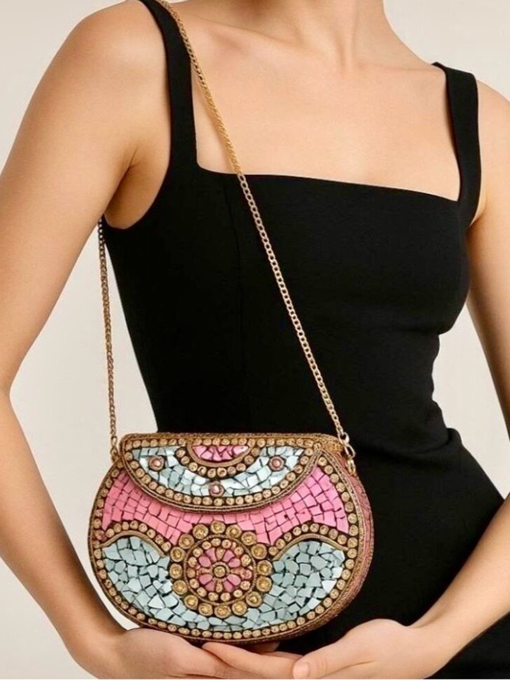 NWOT! Ramla Handmade Boho Mosaic Beaded Handbag Gold Strap